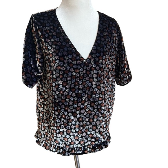 Madewell Burnout Velvet Charcoal Petite Blooms Tulip-Sleeve Ruffle Blouse Med - Picture 5 of 12